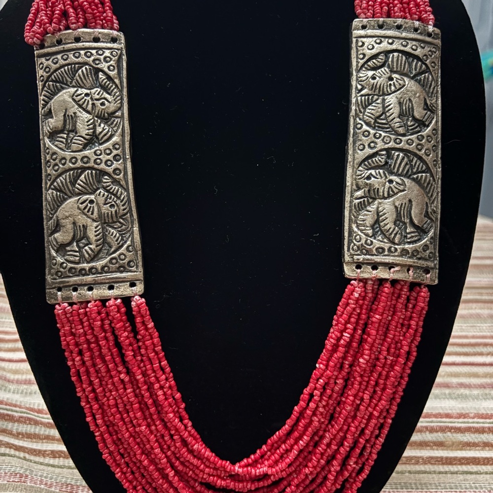 Red Coral Seed Beaded Necklace with Elephant Accents